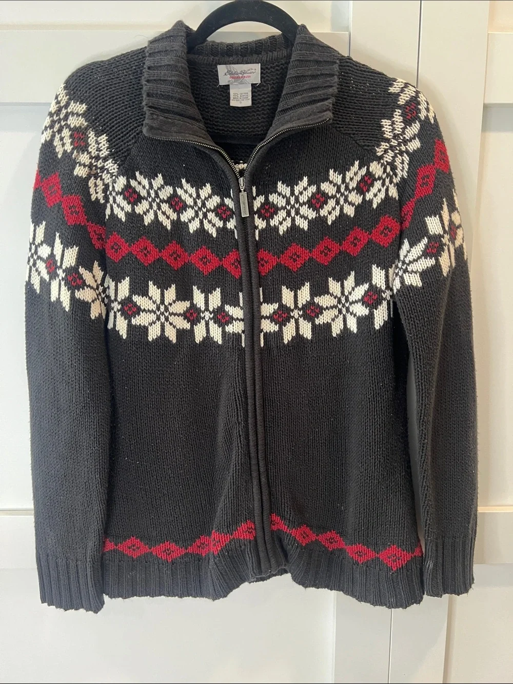 Eddie Bauer Charcoal Zip-Up Fair Isle Sweater with Red & White Accents